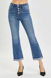 RISEN Women's Button-Fly Cropped Bootcut Jeans - Retro Style Denim